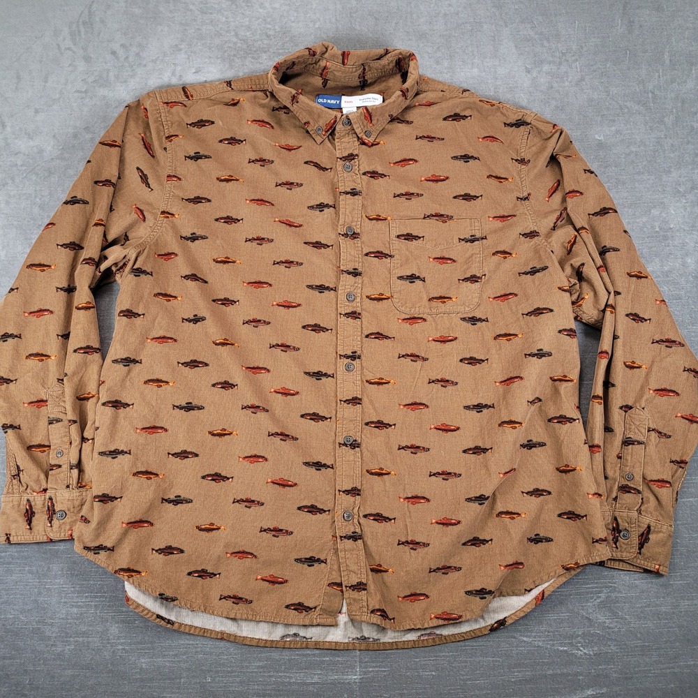 Old Navy Mens XXXL Brown Corduroy Fish Print Dad Grandpa Corp Gift Regular Fit